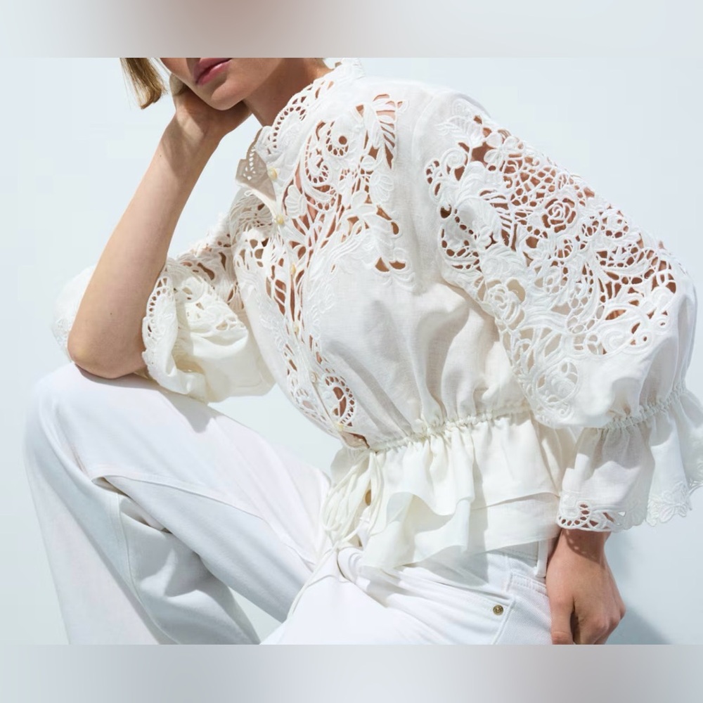 H&M linen blend blouse with eyelet embroidery